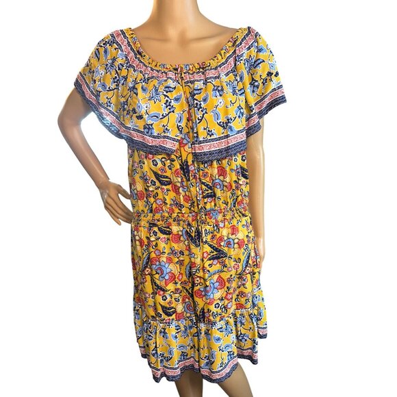 Cato Womens Off The Shoulder Romper Medium Yellow Floral Hippie Boho Retro - Picture 2 of 6